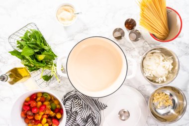 Düz yatıyordu. Vejetaryen makarnası hazırlamak için gerekli malzemeler..