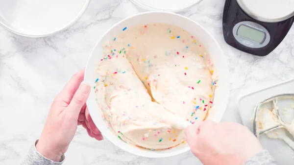 Flat Lay Step Step Mixing Colorful Sprinkles Cake Batter Make — Stock Photo, Image