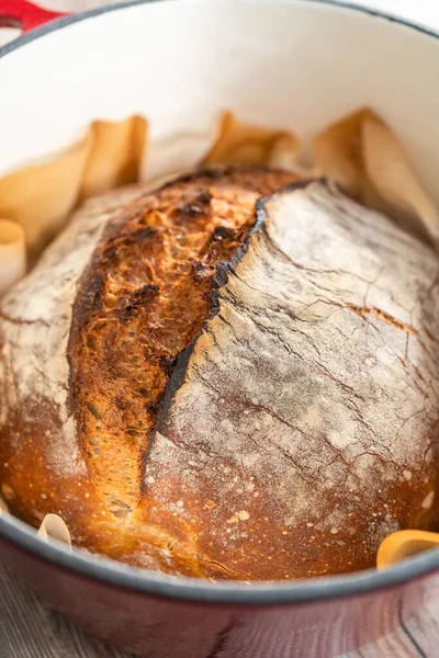 Freshly Baked Sourdough Rye Loaf Bread Dutch Oven — Stock Photo, Image