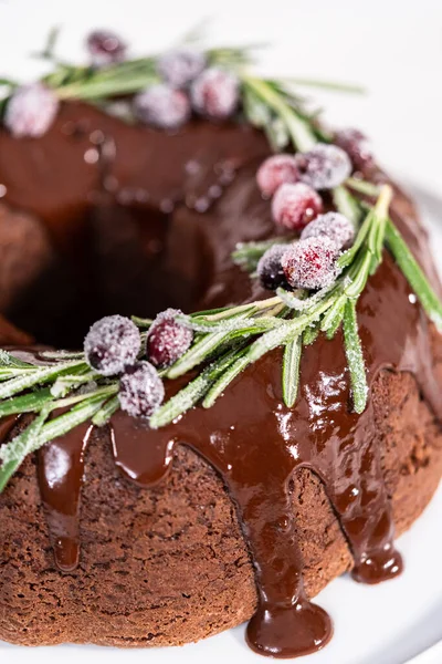 Chocolate Bundt Cake Chocolate Frosting Decorated Fresh Cranberries Rosemary Covered — Stock Photo, Image