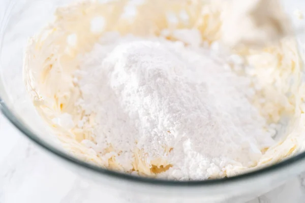 Mixing Ingredients Large Glass Mixing Bowl Prepare Cream Cheese Frosting — Stock Photo, Image