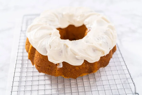 Freshly Baked Pumpkin Bunt Cake Cream Cheese Frosting Kitchen Counter — Stock Photo, Image
