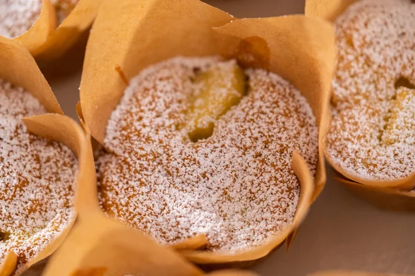Freshly Baked Apple Sharlotka Muffin Dusted Powdered Sugar White Plate — Stock Photo, Image