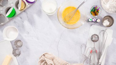 Düz yatıyordu. Adım adım. Vanilyalı Mardi Gras keki yapmak için karışımı karıştırıyorum..