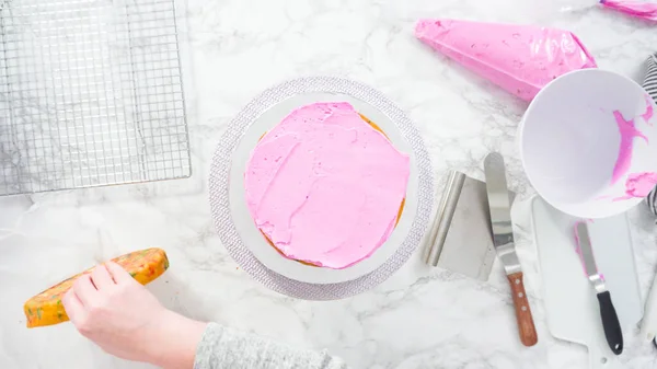 Flat Lay Step Step Frosting Funfetti Cake Layers Pink Buttercream — Stock Photo, Image