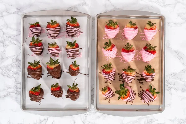 Flat Lay Variety Chocolate Dipped Strawberries Parchment Paper — Stock Photo, Image