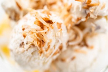 Ev yapımı hindistan cevizli dondurma. Kavrulmuş hindistan cevizli gevrek ve cam bir dondurma kasesi..