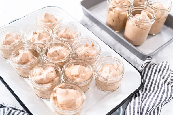 Scooping Mixture Small Glass Jars Make Homemade Chocolate Ice Cream — Stock Photo, Image