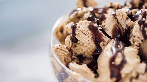 Homemade Chocolate Ice Cream Garnished Chocolate Glass Ice Cream Bowl — Stock Photo, Image
