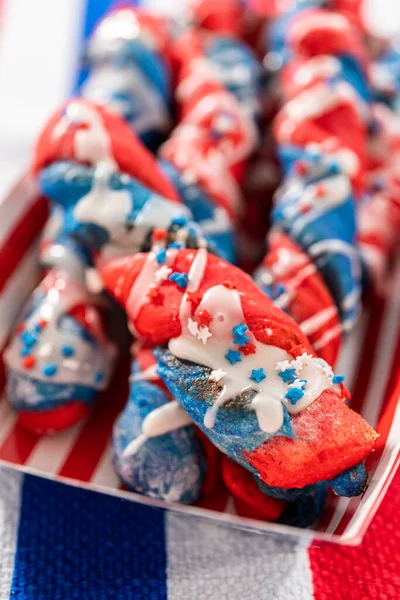 Patriotic Cinnamon Twists Drizzled White Glaze Decorated Star Sprinkles Stock Picture