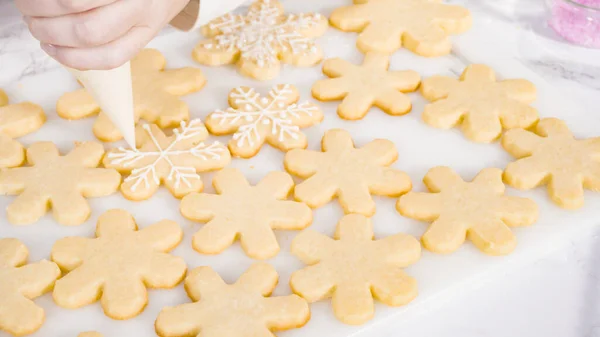 Pas Pas Biscuits Sucre Forme Flocon Neige Glacé Avec Glaçage — Photo