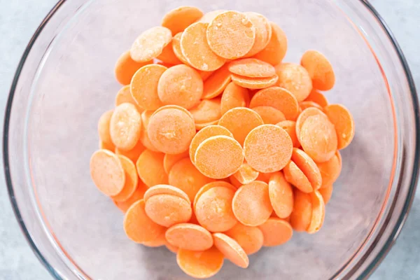 Ingredients Glass Mixing Bowls Prepare Carrot Chocolate Covered Pretzels — Stock Photo, Image