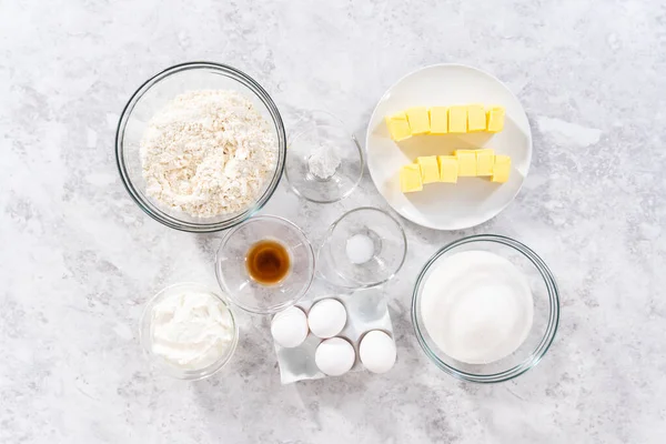 Flat Lay Ingredients Glass Mixing Bowls Bake July 4Th Bundt — Stock Photo, Image