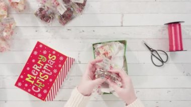 Hediyeler için ev yapımı zencefilli ekmek ve şeker Noel kurabiyeleri paketliyorum..