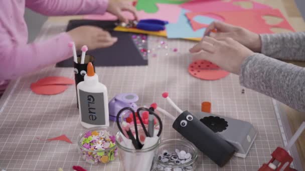 Kids Papercraft Making Paper Bugs Out Empty Toilet Paper Rolls — Stock Video