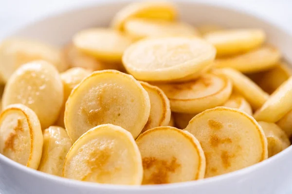 Freshly Made Mini Pancake Cereal White Bowl — Stock Photo, Image