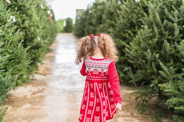 Menina Vestido Vermelho Fazenda Árvore Natal — Fotografia de Stock