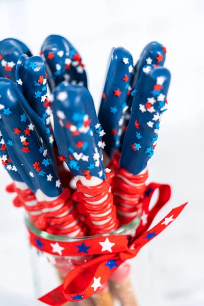 Homemade Chocolate Covered Pretzel Rods Decorated American Flag Glass Jar — Stock Photo, Image