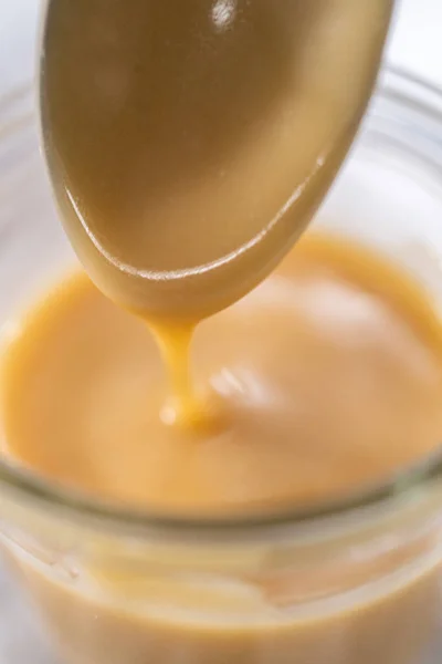 Homemade Toffee Glaze Glass Jar Kitchen Counter — Stock Photo, Image