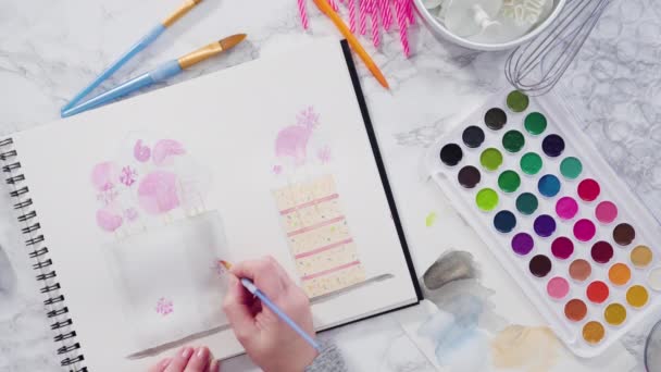 Baker Está Dibujando Diseño Pastel Cumpleaños Con Acuarelas — Vídeos de Stock
