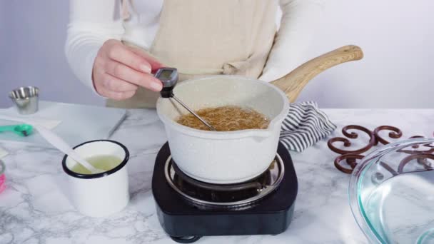 Azúcar Caramelizante Una Olla Pequeña Sobre Pequeña Estufa Eléctrica — Vídeos de Stock