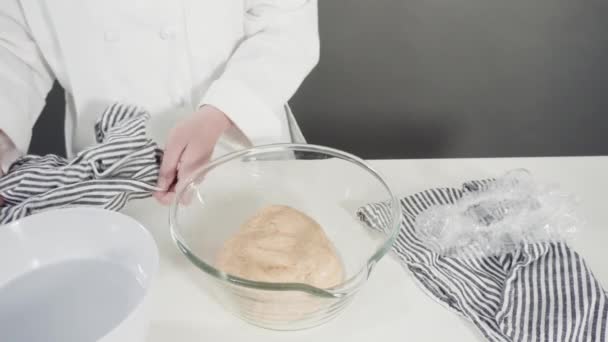 Mengen Van Ingrediënten Een Glazen Kom Zelfgemaakte Kaneelbroodjes Bereiden — Stockvideo