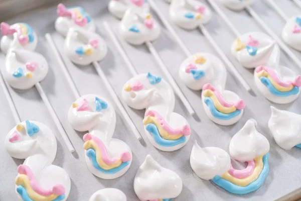 Unbaked Unicorn Theme Meringue Pops Baking Sheet Lined Parchment Paper — Stock Photo, Image