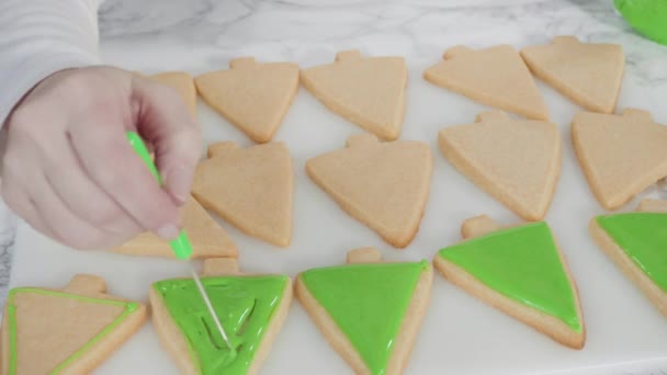 Icing Prăjituri Zahăr Formă Pom Crăciun Glazură Regală Verde — Videoclip de stoc
