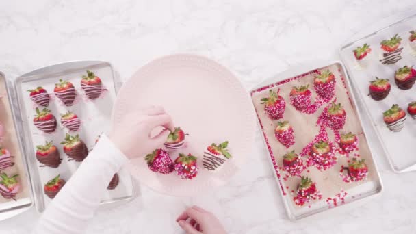 Zubereitung Von Mit Schokolade Überzogenen Erdbeeren Auf Einem Plätzchenblech — Stockvideo