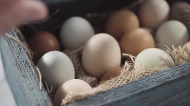 Барвисті Ферми Свіжі Яйця Вінтажному Яєчному Ящику — стокове відео