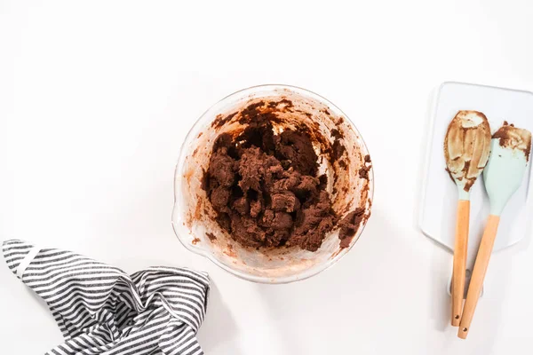 Ett Platt Ligg Blanda Ingredienser Glasskål För Att Baka Chokladkakor — Stockfoto