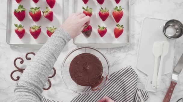 Preparazione Fragole Ricoperte Cioccolato Vassoio Biscotti — Video Stock