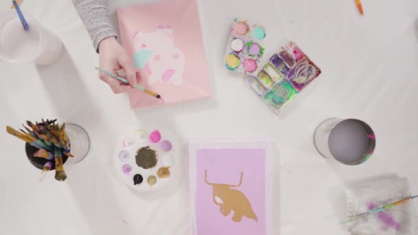 Little Girl Painting Acrylic Paint Canvas Her Mother Distant Learning — Stock Video