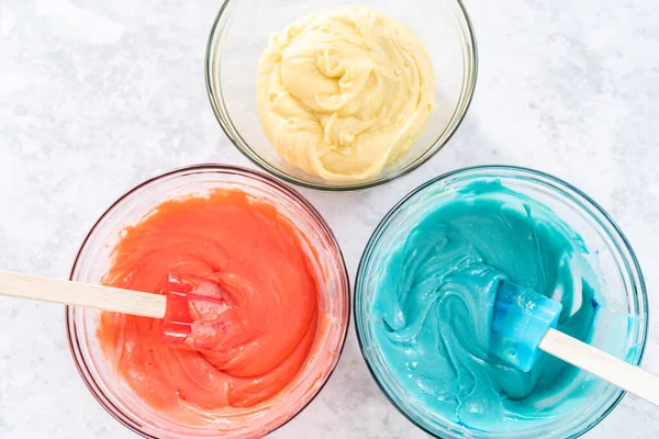 Mixing Red Blue Food Coloring Cake Dough — Stock Photo, Image