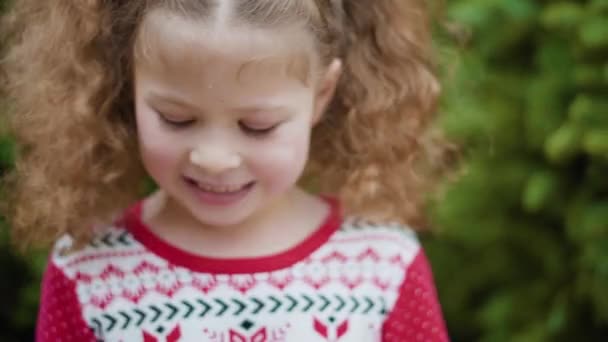 Dívka Červených Šatech Vánoční Stromeček Farmě — Stock video