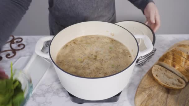 Memasak Sup Kacang Putih Vegetarian Dalam Oven Bebek Besi Cor — Stok Video