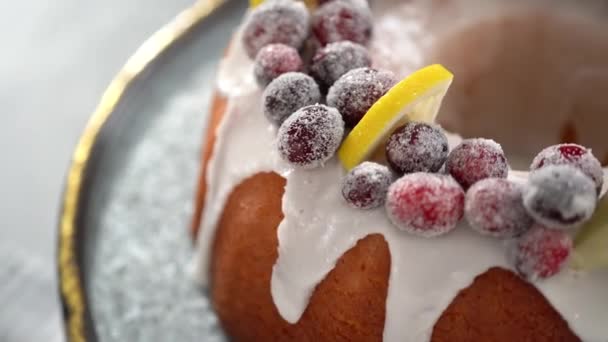 Lemon Cranberry Bundt Cake Didekorasi Dengan Gula Cranberry Dan Lemon — Stok Video