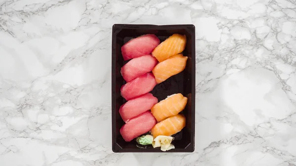 Flat Lay Pre Packaged Variety Sushi Sushi Rolls Plastic Tray — Stock Photo, Image