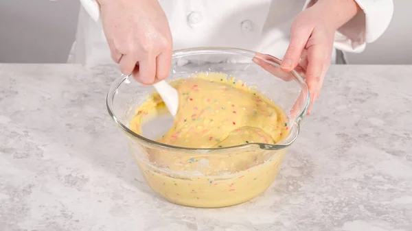 Step Step Folding Cake Batter Rainbow Sprinkles Bake Funfettti Bundt — Stock Photo, Image