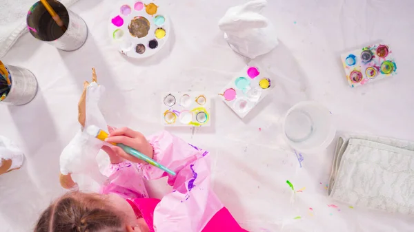 Flat Lay Little Girl Painting Paper Mache Figurine Homeschooling Art — Stock Photo, Image