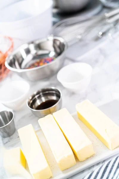 Ingredients Bake Funfetti Cake Colorful Sprinkles — Stock Photo, Image