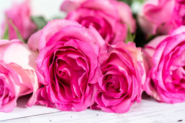 Roze Rozen Met Steel Een Geschilderde Witte Houten Ondergrond — Stockfoto