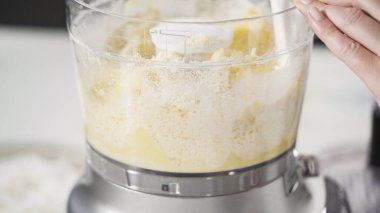 Ev yapımı hindistan cevizi kurabiyeleri hazırlamak için gıda işlemcisinde malzemeler karıştırılıyor..