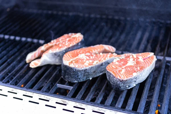 Grilling salmon steaks on an outdoor gas grill.