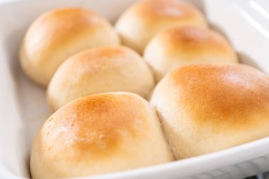 Beyaz seramik tabakta taze pişmiş yemek ruloları..