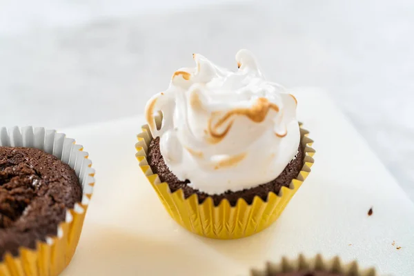 Gelo Mores Cupcakes Com Cobertura Merengue Branco — Fotografia de Stock