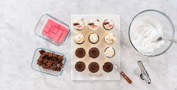 Acostado Frosting Mores Cupcakes Con Glaseado Merengue Blanco —  Fotos de Stock