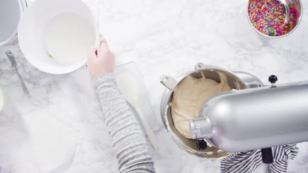 Pose Plate Pas Pas Mélange Ingrédients Pour Faire Gâteau Funfetti — Video