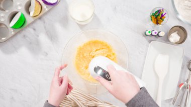 Düz yatıyordu. Adım adım. Vanilyalı Mardi Gras kekleri pişirmek için karışımı elektrikli mikserle karıştırıyorum..