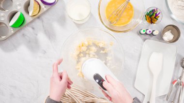 Düz yatıyordu. Adım adım. Vanilyalı Mardi Gras kekleri pişirmek için karışımı elektrikli mikserle karıştırıyorum..